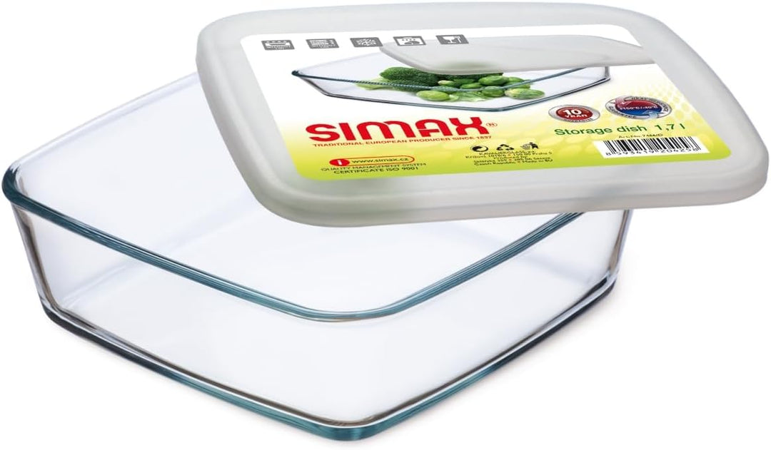 SIMAX Quadratische Glasschale mit Aufbewahrungsdeckel – Fassungsvermögen 1,7 L – Masse 21 x 21 x 6,5