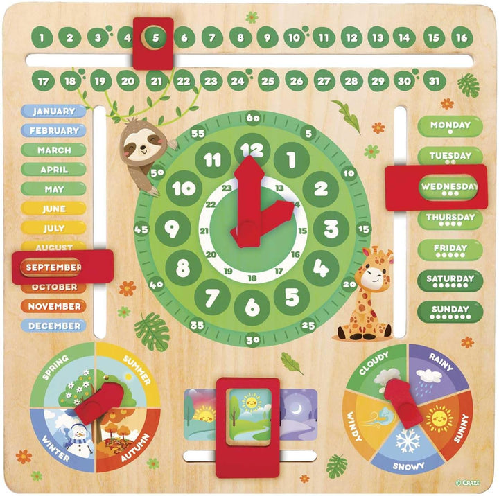 CRAZE My Learning Clock Animals ENGLISCHE SPRACHE - Lernuhr Kinder Holz, Kalenderuhr zum Lernen für