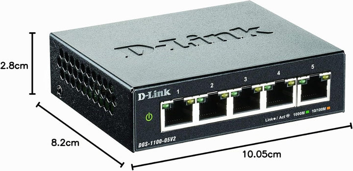 D-Link DGS-1100-05V2 5-Port Gigabit Smart Switch (10/100/1000 Mbit/s, lüfterlos, Metallgehäuse), Sch