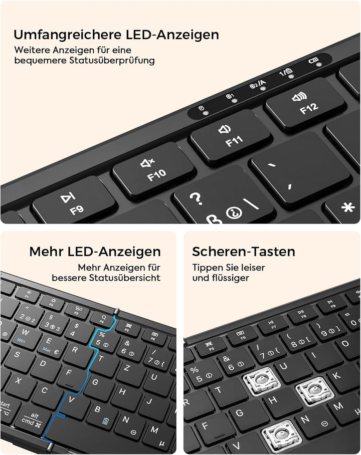 MoKo Faltbare Bluetooth Tastatur mit Maus, QWERTZ Deutsches Layout, Kabellose 2.4G + Dual Bluetooth