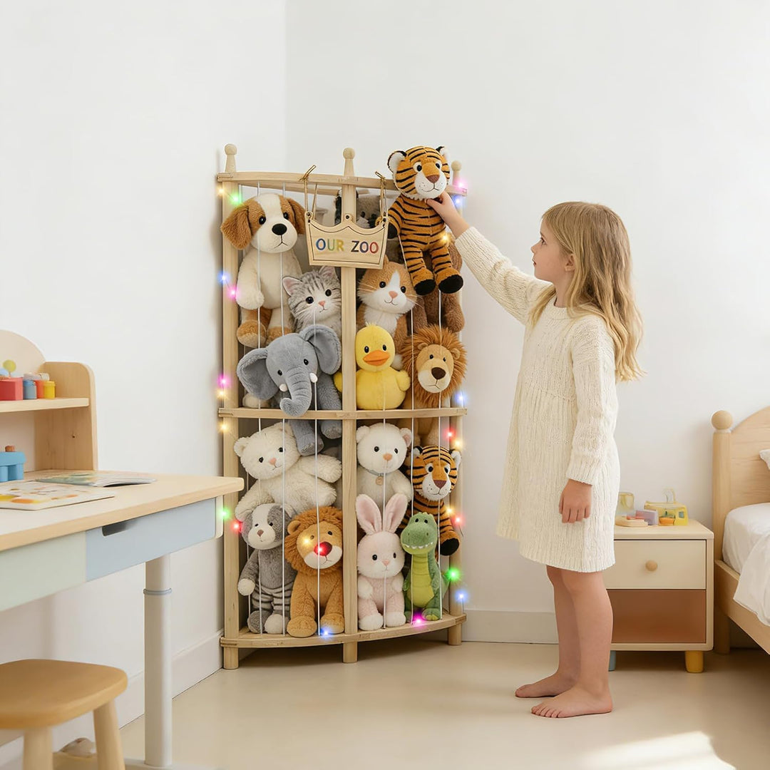 Eck Kuscheltier Aufbewahrung 2-stöckig aus Massivholz mit LED-Licht, 96×44×44cm Plüschtier Organizer