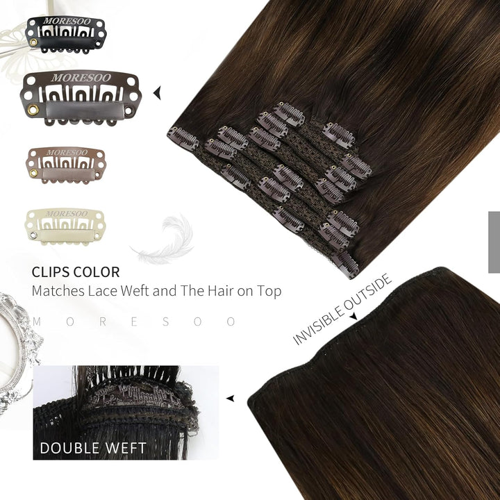 Moresoo Clip in Extensions Echthaar Balayage Braun Haarverlängerung Echthaar Clip Extensions Echthaa