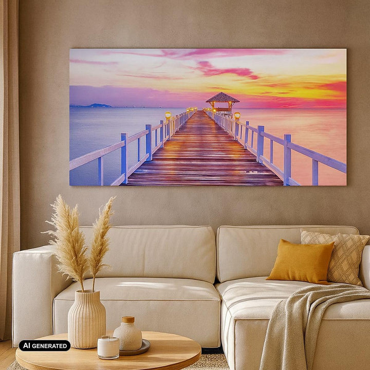 Wandbilder Dekoration Wohnzimmer Sonnenuntergang Wasser Brücke Horizont Bilder auf Leinwand 120x50cm