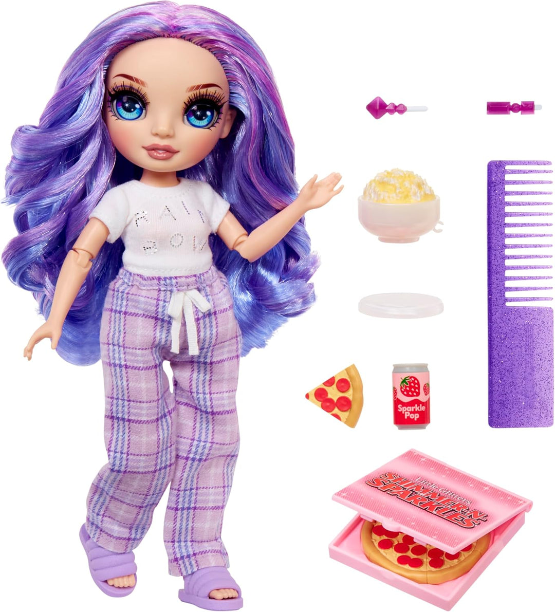 Rainbow High Junior High PJ Party - Violet (Lila) - 22 cm Puppe mit weichem Einteiler, Hausschuhen u