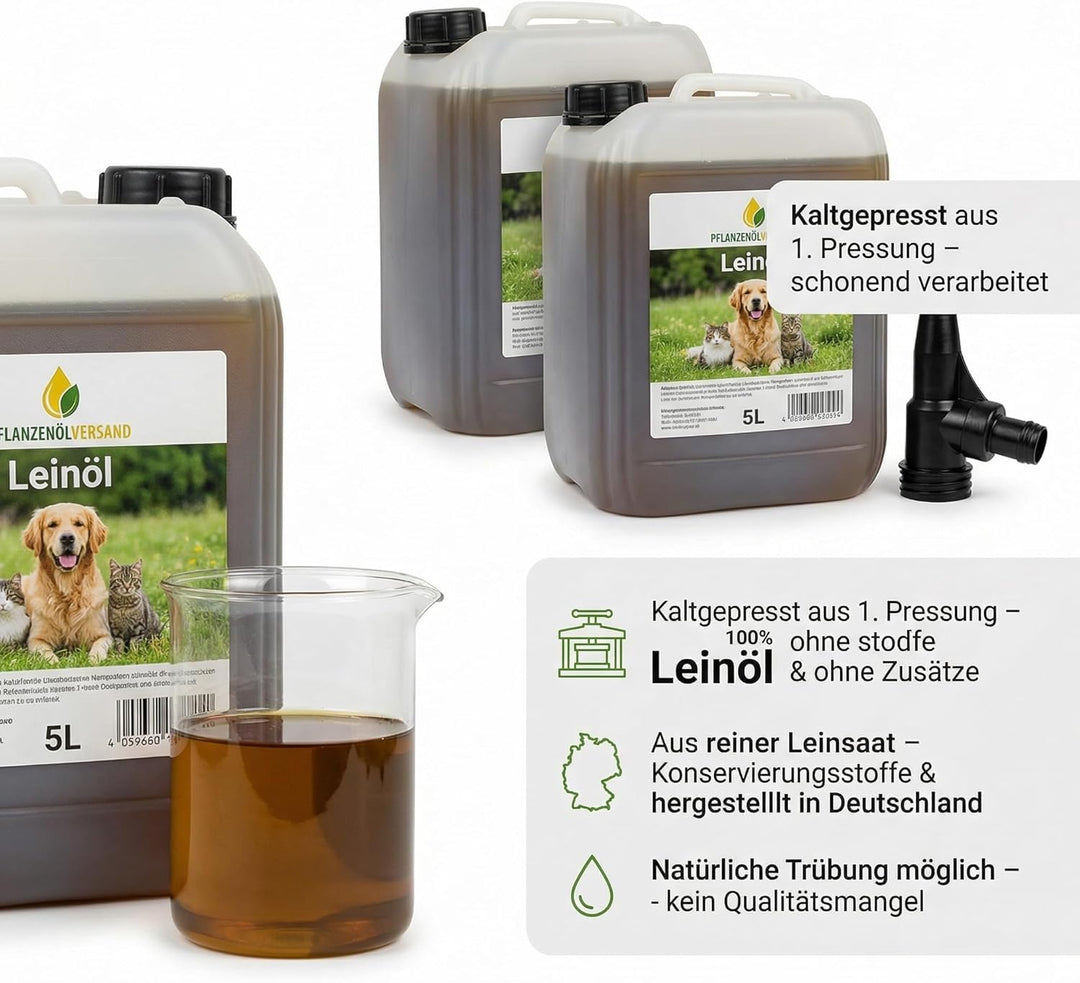 Leinöl für Hunde und Katzen, kaltgepresst 100% rein, ohne Zusätze, 2x5L + Ausgiesser