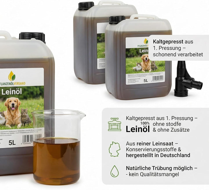 Leinöl für Hunde und Katzen, kaltgepresst 100% rein, ohne Zusätze, 2x5L + Ausgiesser