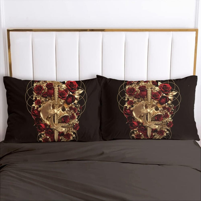 Luowei Bettwäsche Skull 200x220cm Schwarz Gold Schädel Rosen Bettbezug Set 3 Teilig Weiche Microfase