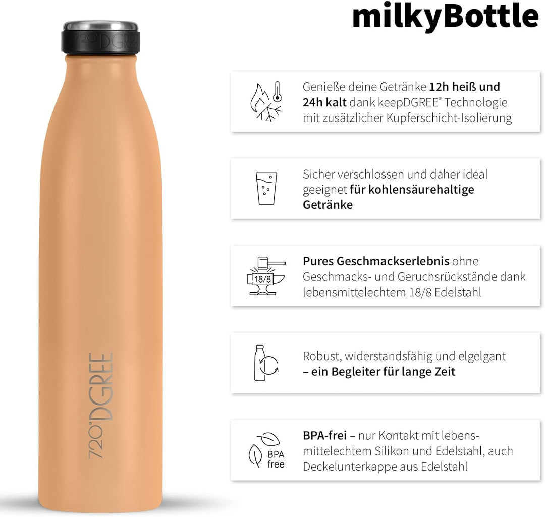 720°DGREE Edelstahl Trinkflasche “milkyBottle” - 750ml - BPA-Frei, Auslaufsicher, Kohlensäure geeign
