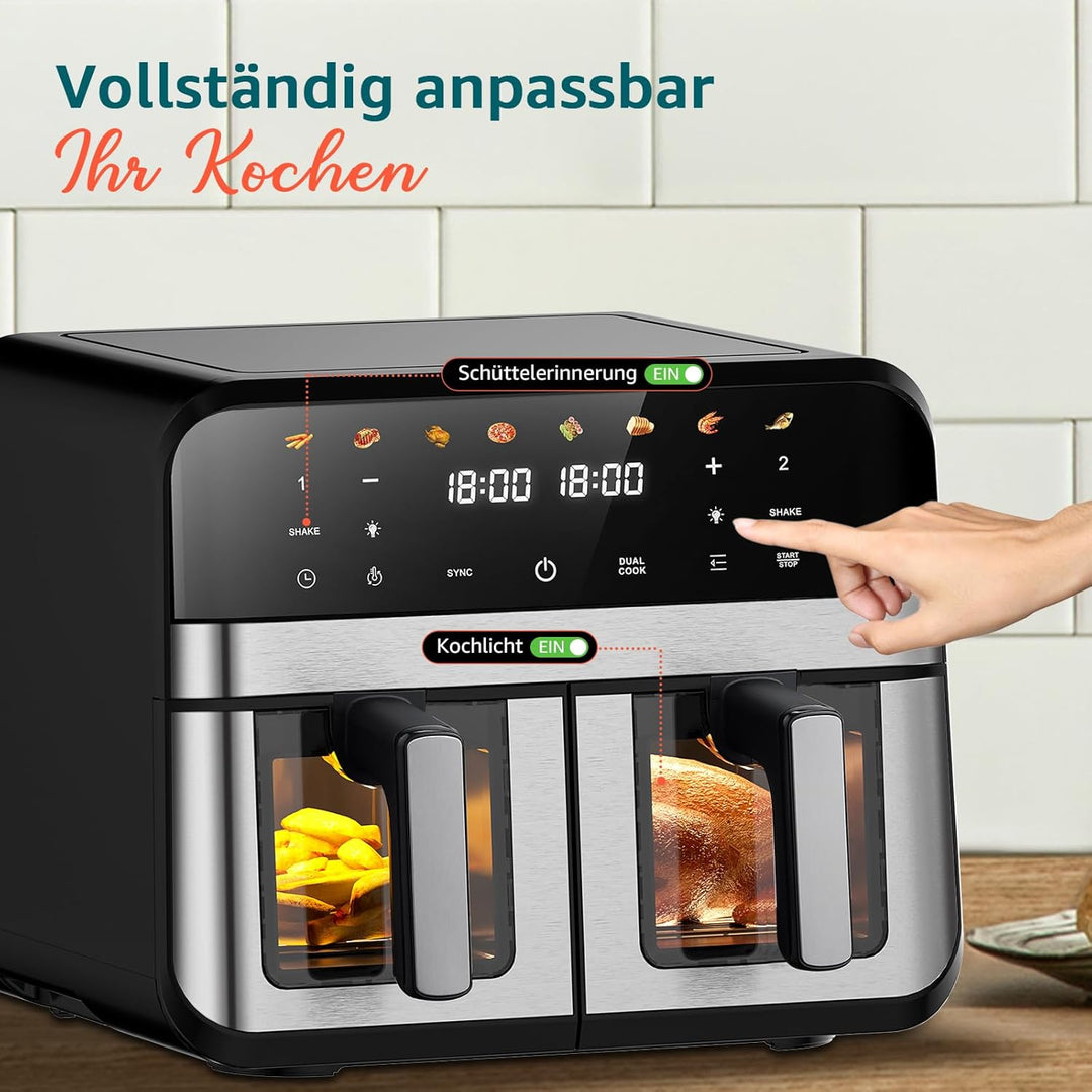 Heissluftfritteuse mit Sichtfenster | 9 Liter | Heissluftfritteuse mit 2 Körben | 8-in-1 Digitale Ai