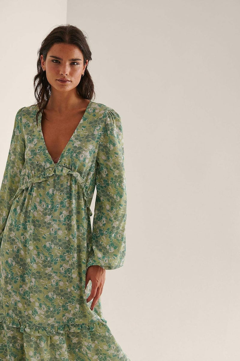 NA-KD Damen Midi-rüschenkleid mit Ballonärmeln Lässiges Kleid 36 Grün/Blumen, 36 Grün/Blumen