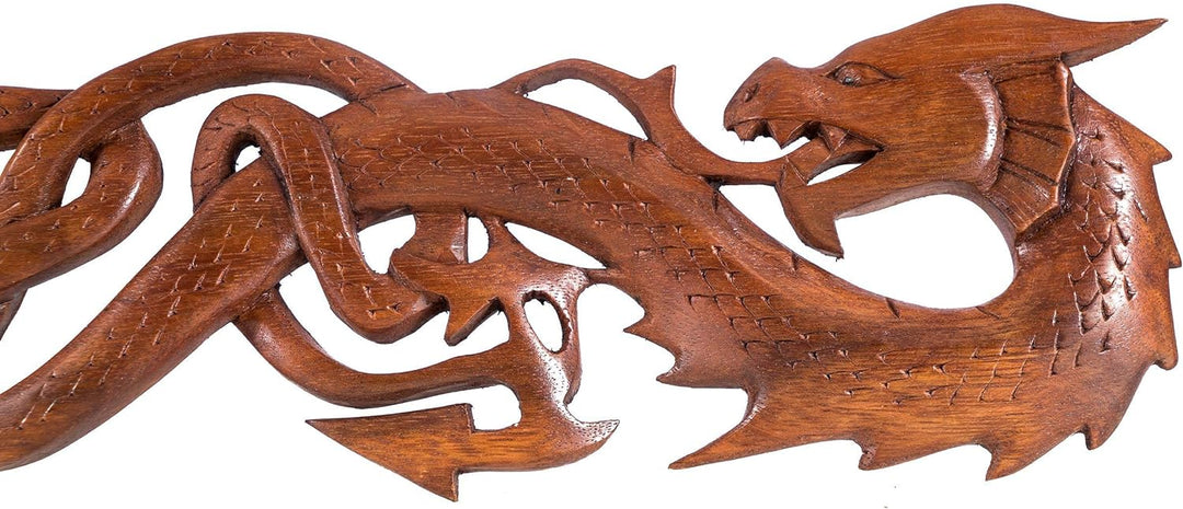 Windalf Handmade Celtic Wandbild Holzornament THORAS 50 cm Zwei Drachen Wandrelief Holz