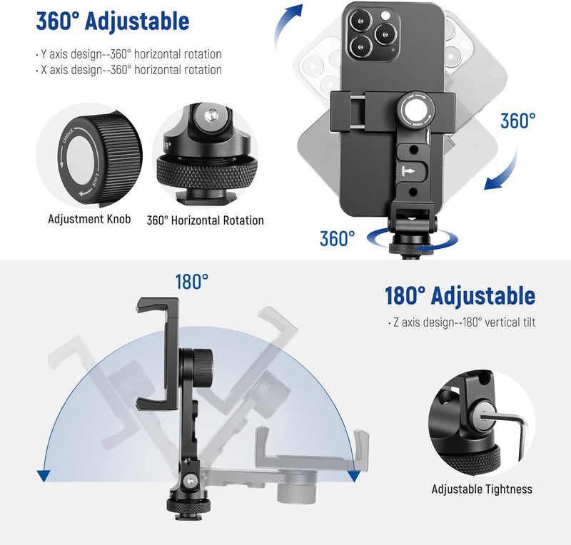 NEEWER Metall Handy Stativhalterung Adapter mit 4 Cold Shoes und drei 1/4" Schraubenlöchern, 360° ho