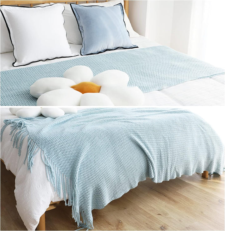 LumiSyne Strickdecke Mit Quaste Atmungsaktiv Zellulare Decke Nordisch Stil Weich Kuscheldecke Überwu