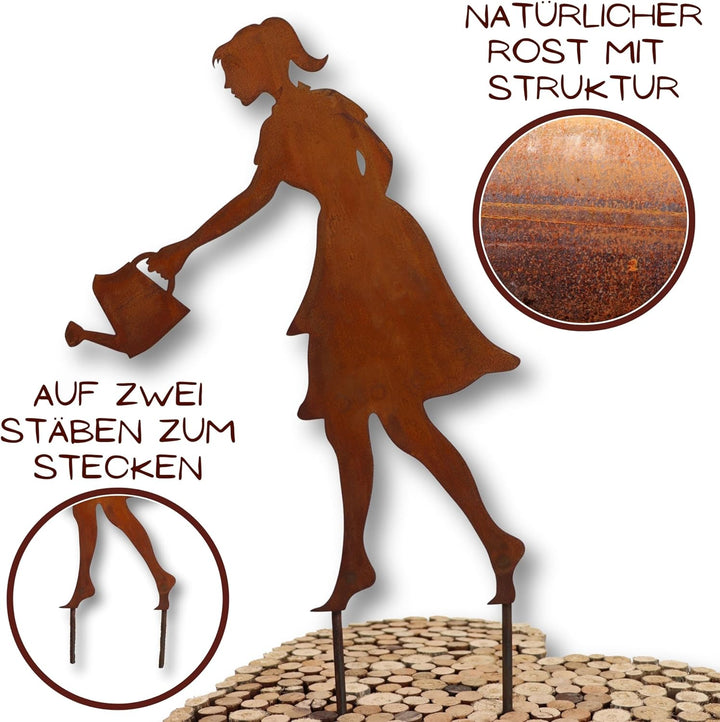 Rostikal Gartenstecker Gärtnerin 60 cm – Perfekte rostige Rostfigur als Beetstecker, wetterfeste Gar