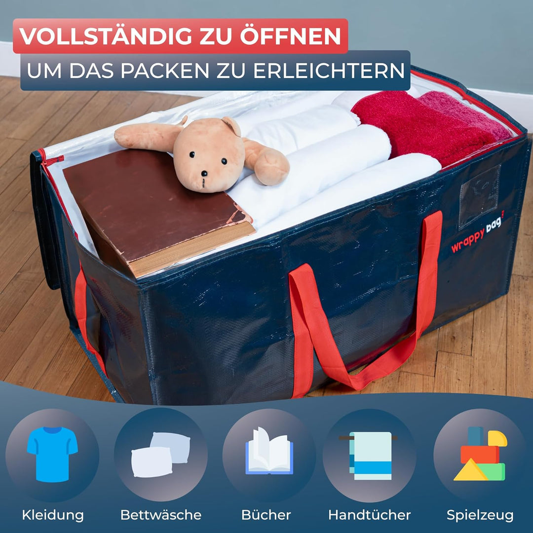 WRAPPYBAG im 8er Pack Grosse Kunststoff-Aufbewahrungstaschen – XXL-Taschen für Umzug & Reise – Stabi