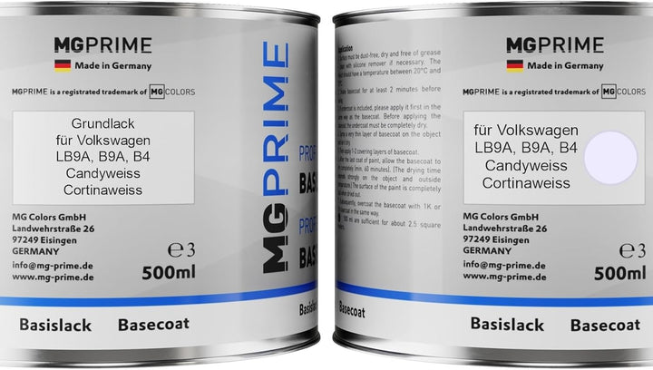 MG PRIME Autolack Dose Set für Volkswagen VW LB9A / B9A / B4 Candyweiss/Cortinaweiss Grundlack Basis