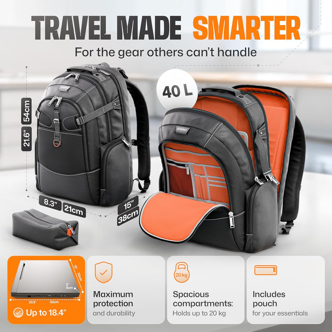 Everki EKP120 – Laptop Rucksack für Notebooks bis 18,4 Zoll (46,7 cm) mit durchdachtem Fächer-Konzep