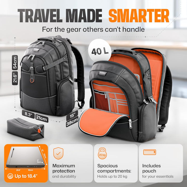 Everki EKP120 – Laptop Rucksack für Notebooks bis 18,4 Zoll (46,7 cm) mit durchdachtem Fächer-Konzep