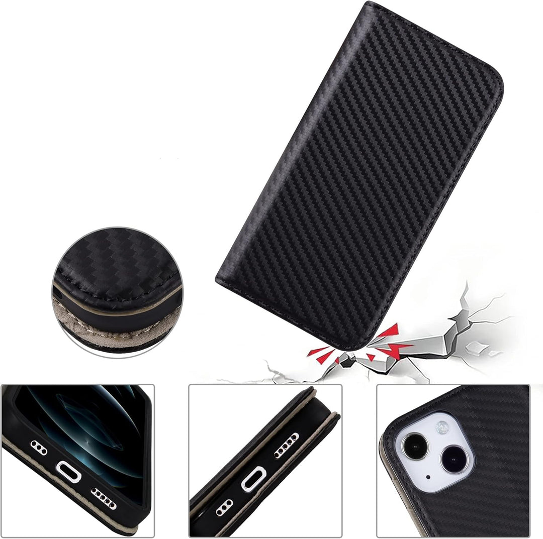 VISOUL iPhone 13 Hülle, Handyhülle [100% Karbonfaser-Leder] [RFID Schutz] [Schützt vor Stoss] [Stand