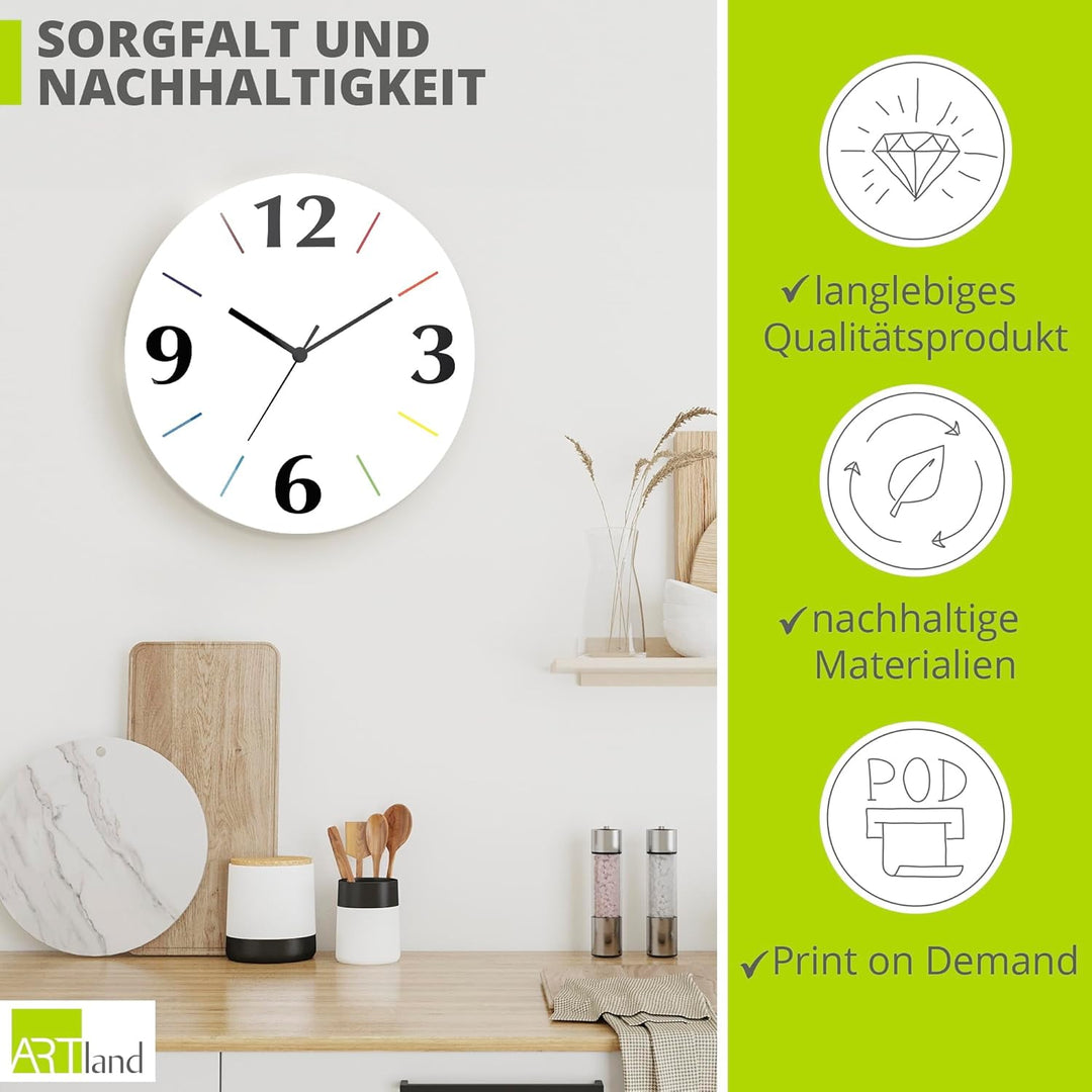 ARTLAND Wanddeko Wanduhr ohne Tickgeräusche aus Glas Quarzuhr Ø 30 cm Rund Lautlos Trendfarbe Weiss-