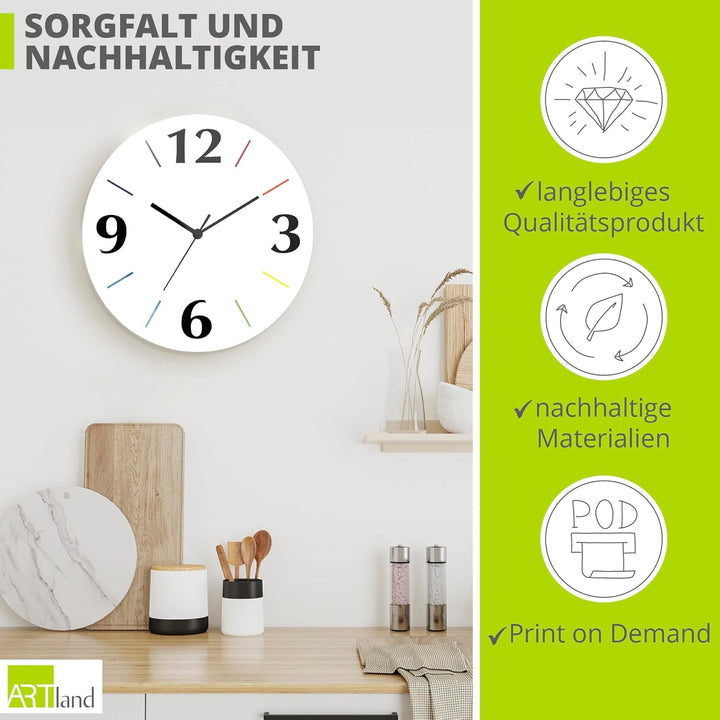 ARTLAND Wanddeko Wanduhr ohne Tickgeräusche aus Glas Quarzuhr Ø 30 cm Rund Lautlos Trendfarbe Weiss-
