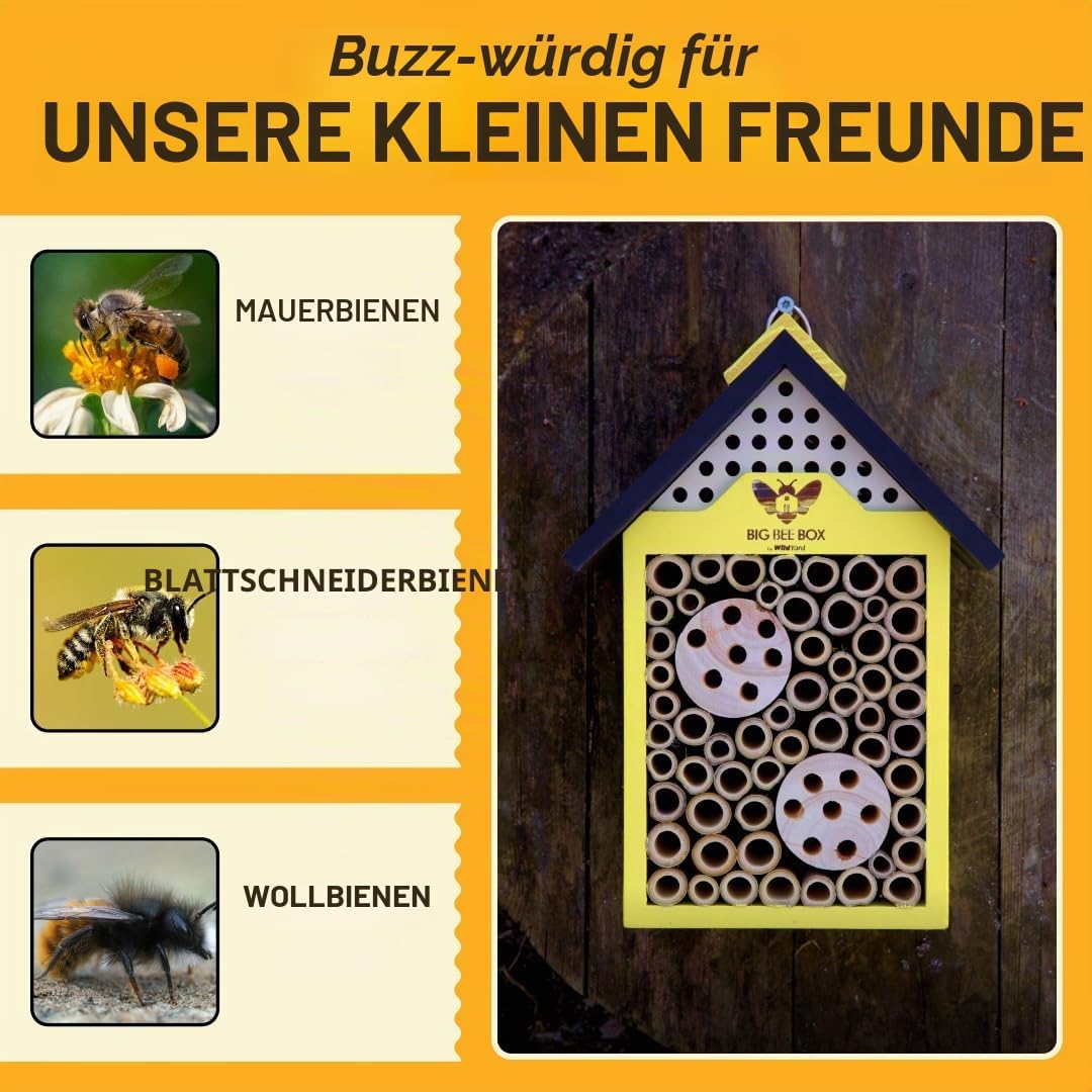 WildYard Big Bee Box - Bienenhaus aus Holz für Draussen, Gelb - Lockt Mauerbienen am Balkon - Kompak
