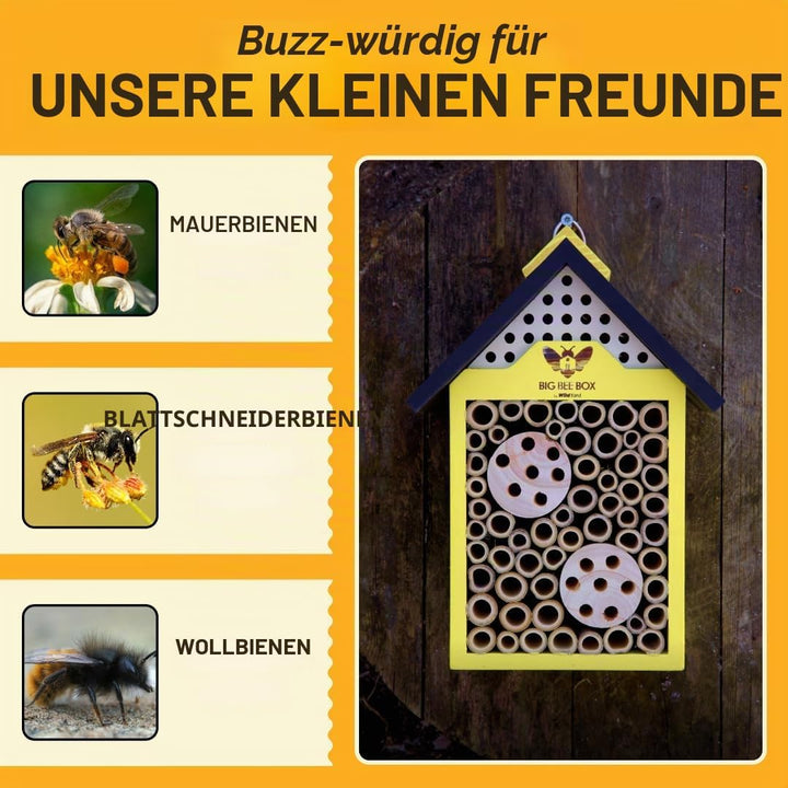 WildYard Big Bee Box - Bienenhaus aus Holz für Draussen, Gelb - Lockt Mauerbienen am Balkon - Kompak