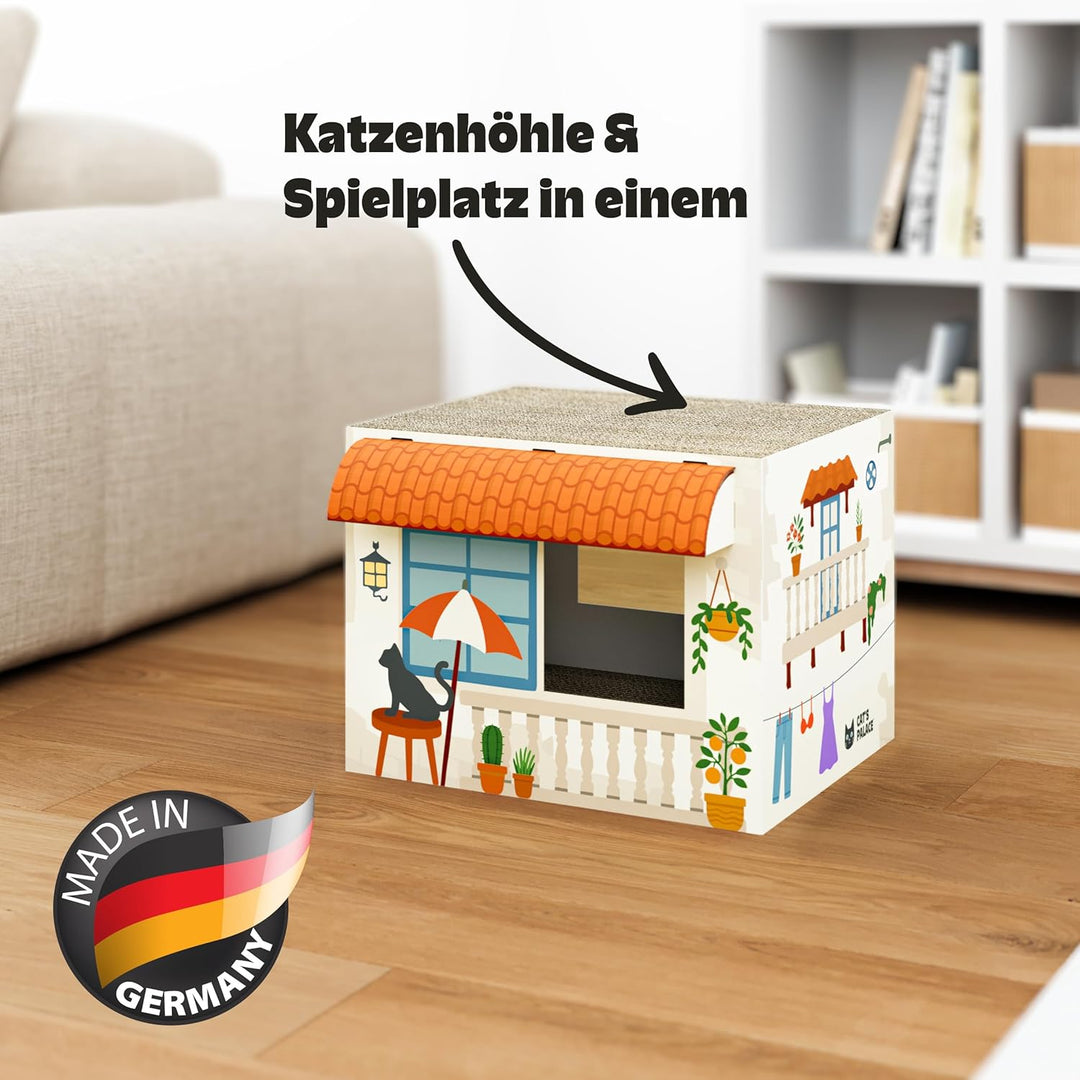 Cat’s Palace Katzenhaus Mediterrane Finca – Rückzugsort &amp; Kratzmöbel mit 2 Kratzflächen für Katzen |