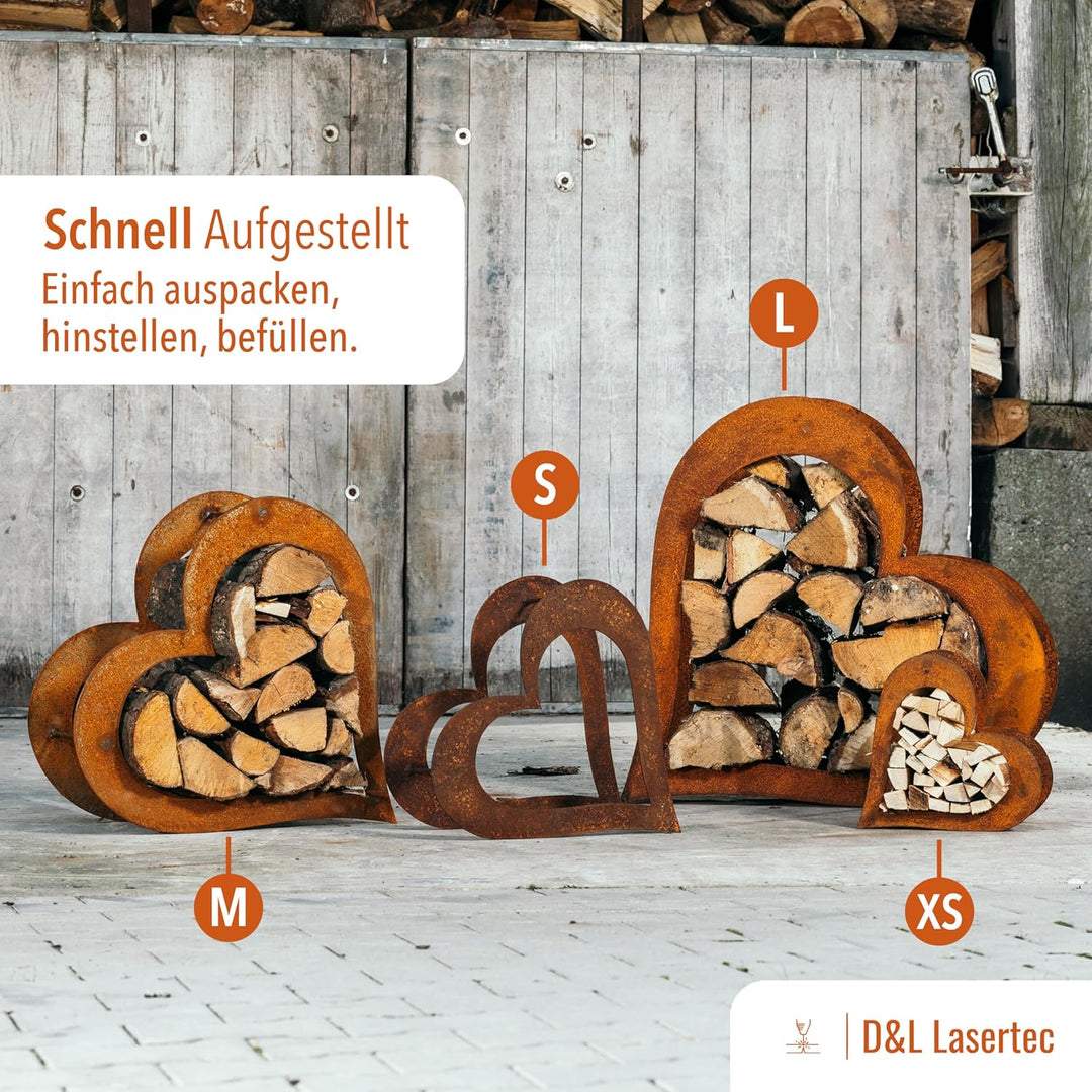 D&L Lasertec Herz aus Metall für Kaminholz - Regal aus Rost Edelrost Holzregal für Garten Terrasse -