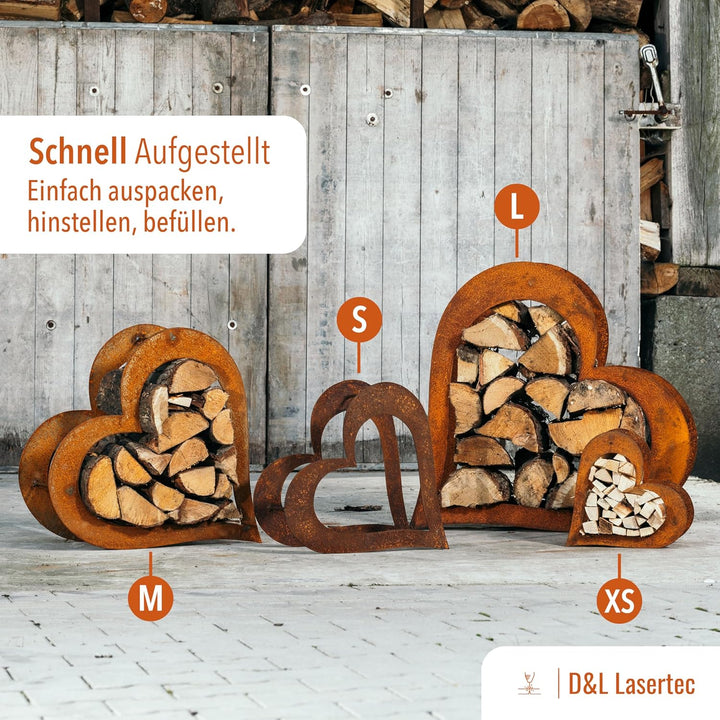 D&L Lasertec Herz aus Metall für Kaminholz - Regal aus Rost Edelrost Holzregal für Garten Terrasse -