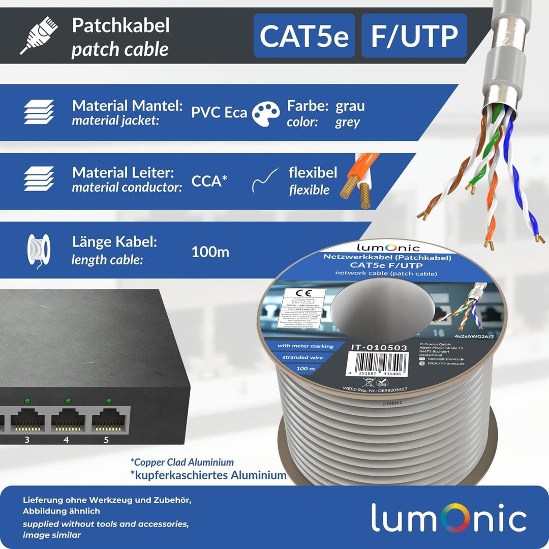 Lumonic LAN Netzwerkkabel 100m | LAN Kabel CAT5e F/UTP | Patchkabel 4x 2x AWG26/7 (verseilt) | 100MH