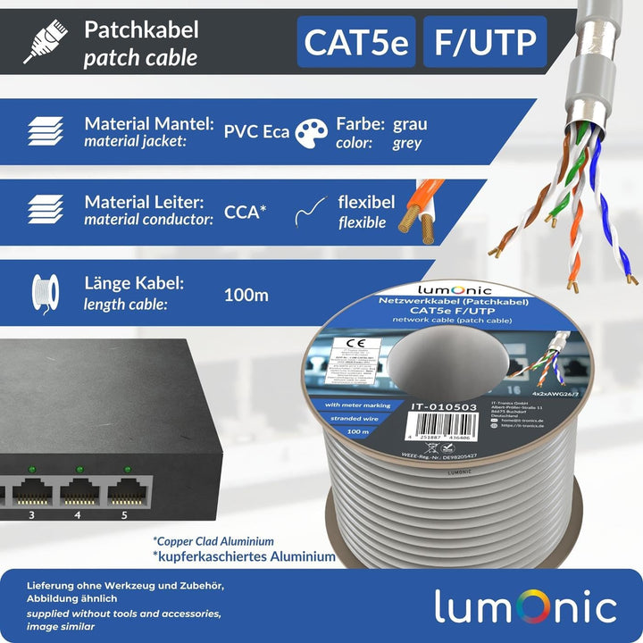 Lumonic LAN Netzwerkkabel 100m | LAN Kabel CAT5e F/UTP | Patchkabel 4x 2x AWG26/7 (verseilt) | 100MH