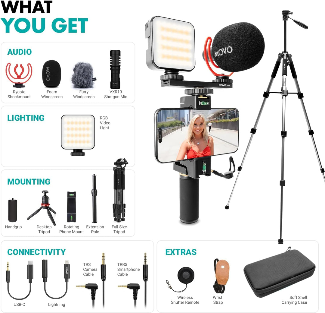 Movo iVlogger-PRO Vlogging-Kit mit Vollständigem Stativ für iPhone/Android – YouTube-Starter-Kit für