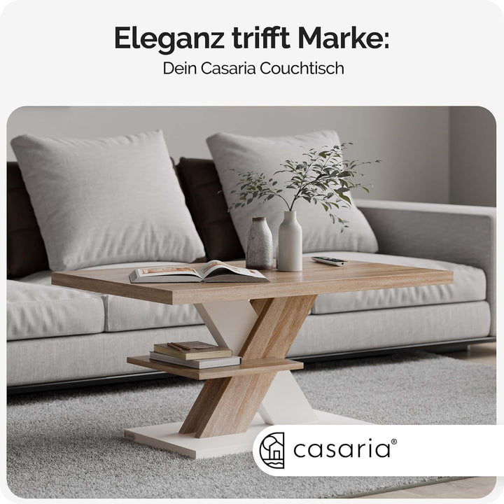 Casaria® Couchtisch Weiss Eiche Holz Stauraum Ablage Kratzfest Modern Rechteckig 50kg Belastbar Beis