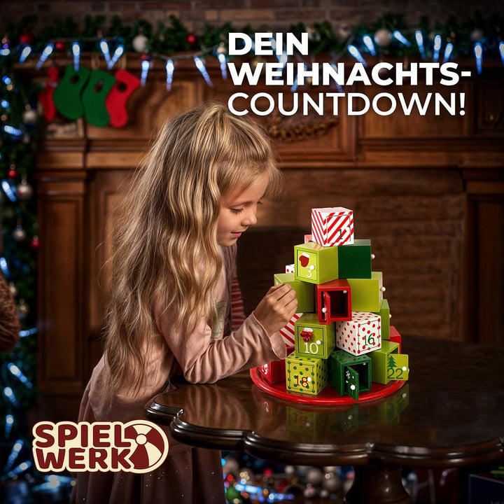Spielwerk® Wiederverwendbarer Adventskalender Geschenleberg zum Befüllen 24 Türchen Bunt Bemalt Weih