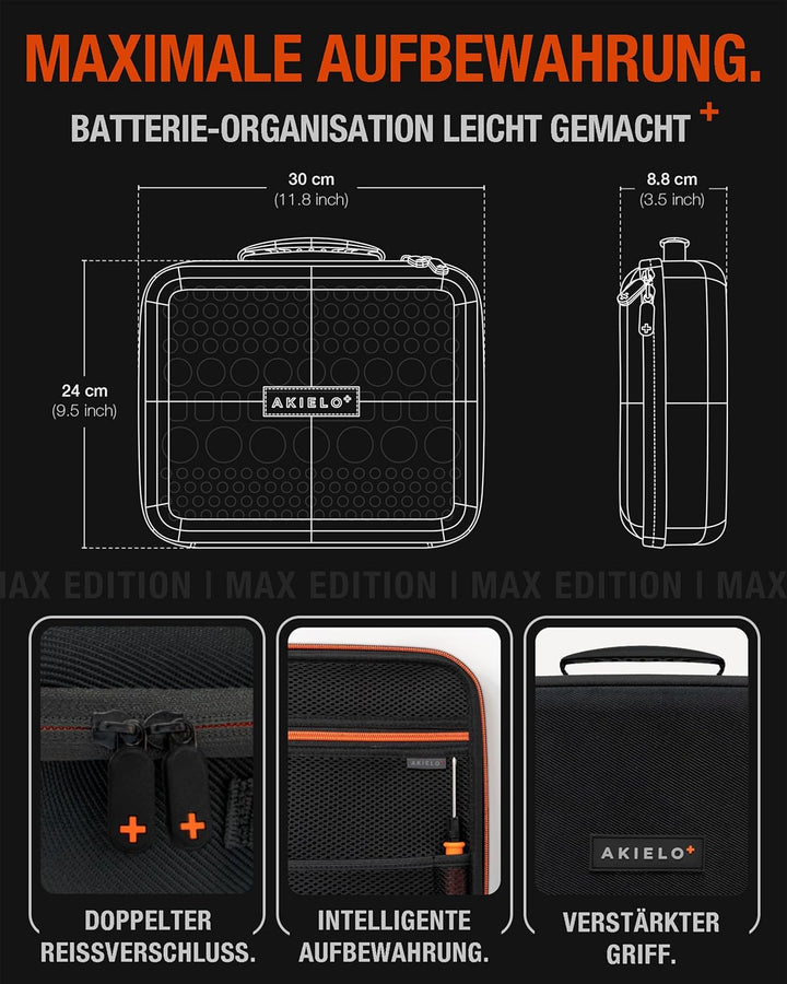AKIELO+ Batterie Aufbewahrungsbox Mit Universalem Tester und Schraubendreher (Edition Max – Über 150
