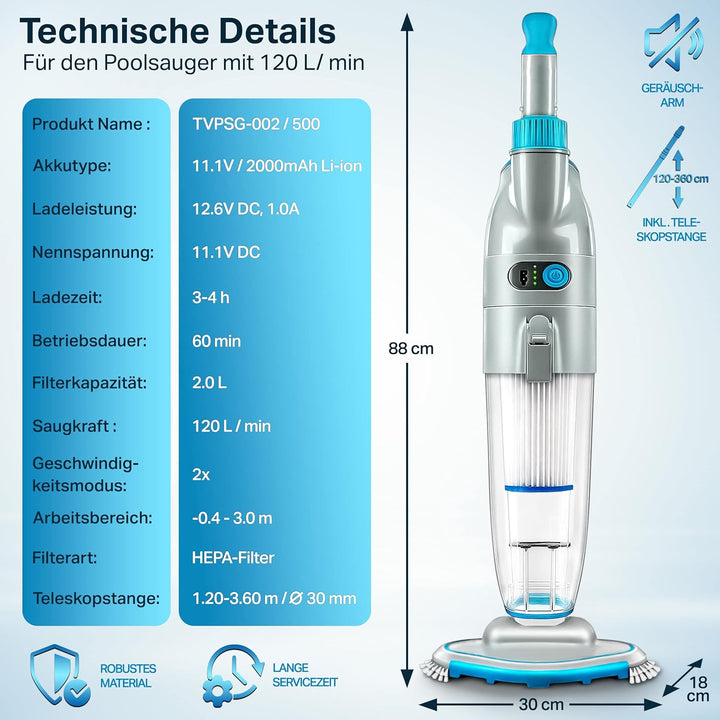 tillvex Poolsauger mit Akku | Pool Bodensauger Teleskopstange elektrisch | Poolreiniger mit Filter &