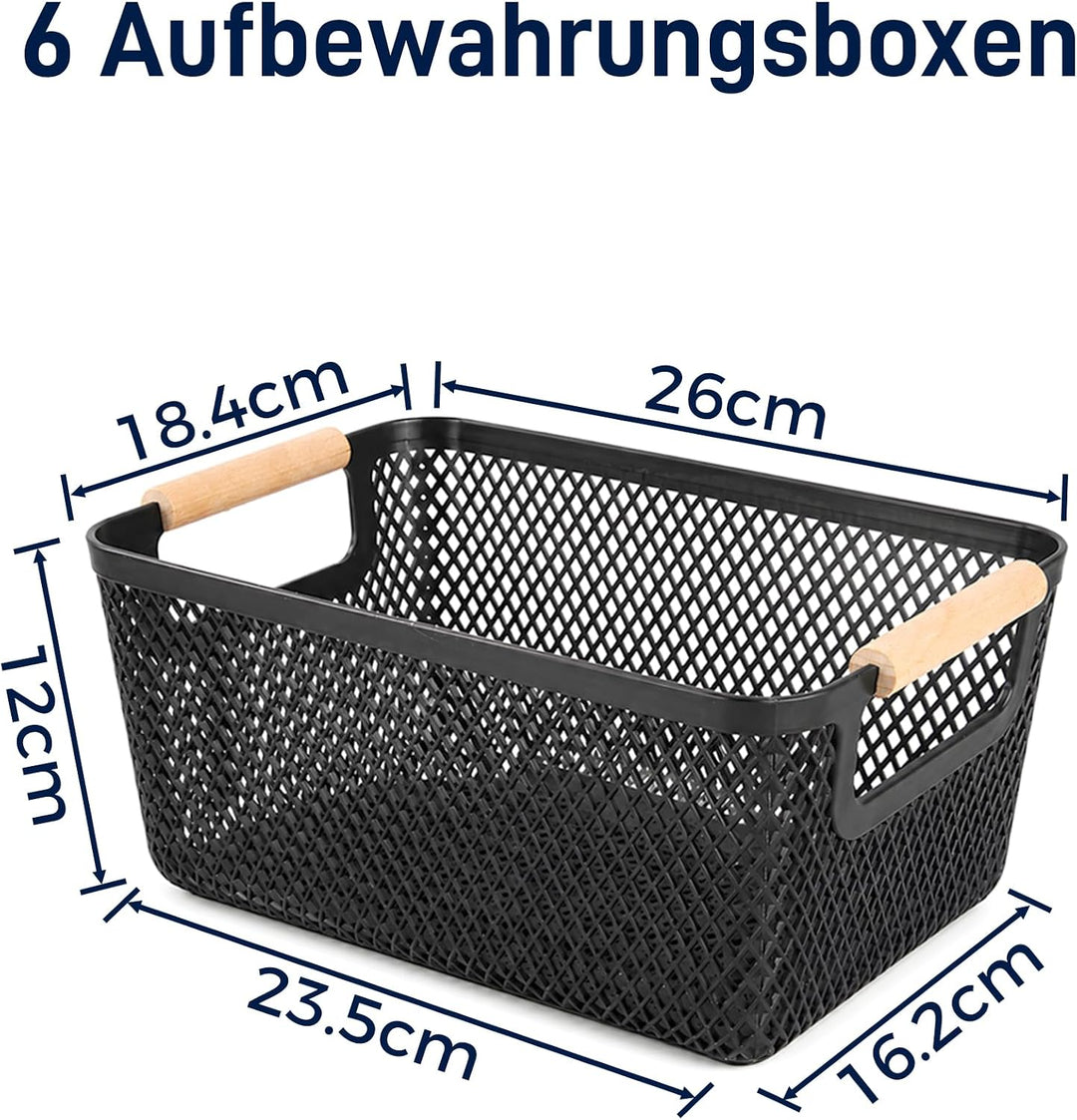 Aufbewahrungsbox Kunststoff Schwarz 6er Set, Kunststoff-Netzkörbe mit Holzgriff, offene Organizer Bo