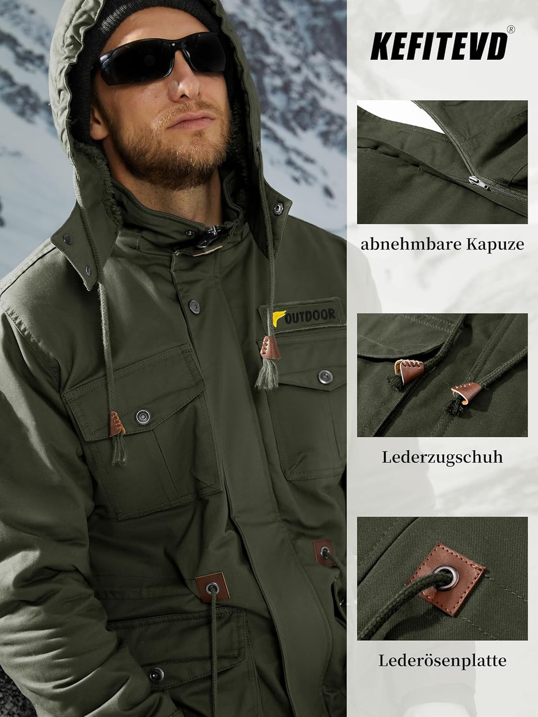 Winterparka Herren Fleece Gefüttert Winterjacke mit Viele Taschen Kapuze Warm Winter Mantel Übergang
