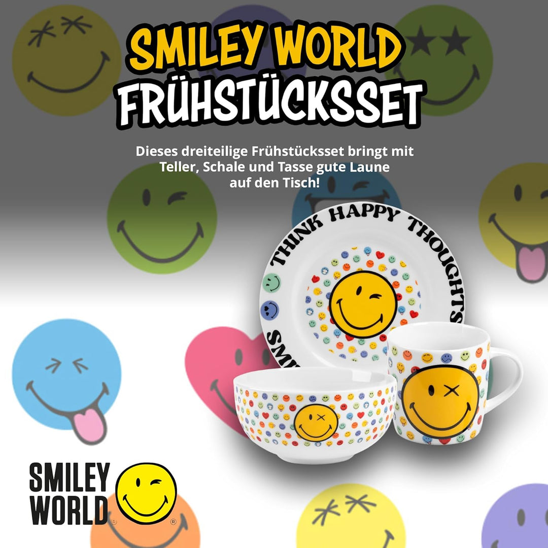 United Labels Smileyworld Frühstücksset Kinder, mit Smiley, Geschirr Set Porzellan, 3-teilig mit Tel