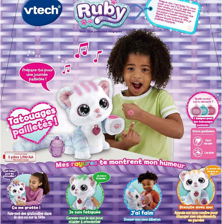 VTech - Ruby, Mon Chat Magische Pailletten, interaktives Plüschtier – Würfel 3 Jahre – Version FR