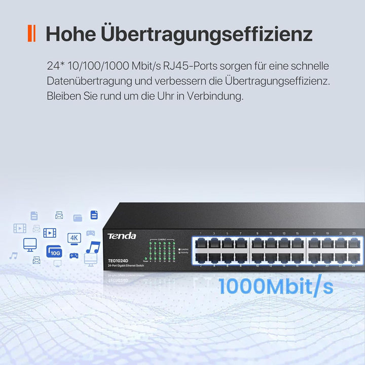 Tenda TEG1024D 24 Port Switch 19 Zoll Rackeinbau Gigabit Switch (Plug-and-Play, 48 Gbit/s Switching-
