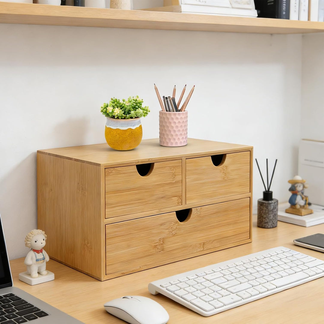 Aufbewahrungsbox Bambus Schreibtisch Organizer mit 3 Schubladen Mini Kommode Rohholzfarbe Schreibtis