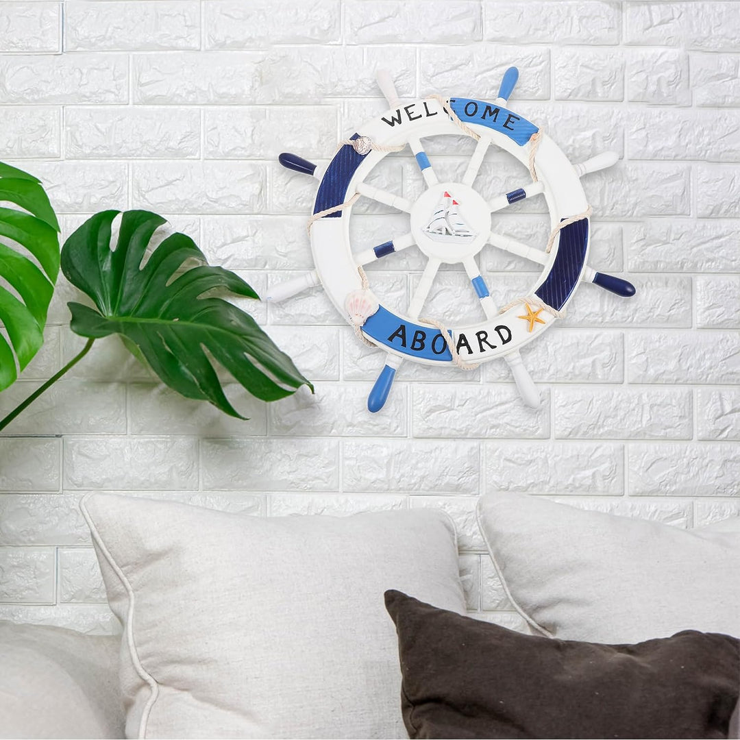 VOSAREA Steuerrad Holz WELCOME Nautische Maritime Deko Schiff Lenkrad mit Muschel Seestern 45cm