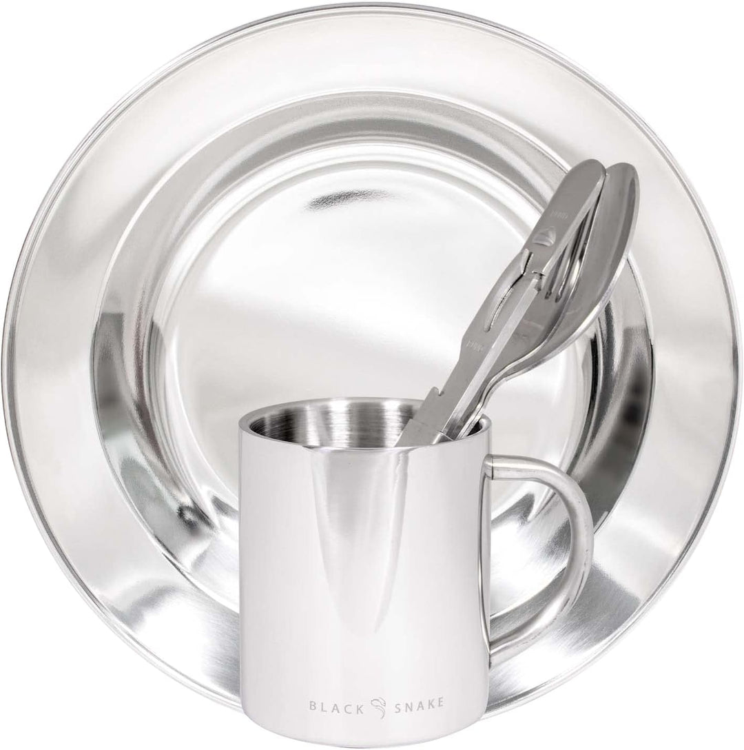 Camping Geschirrset aus Edelstahl - Teller, Tasse & Besteck - robust & wiederverwendbar für Outdoor,