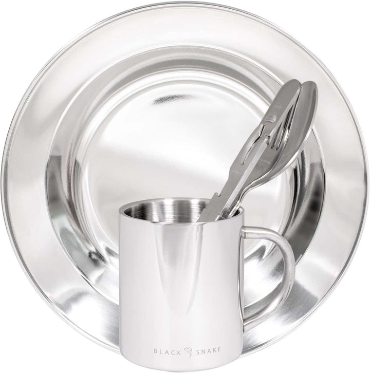 Camping Geschirrset aus Edelstahl - Teller, Tasse & Besteck - robust & wiederverwendbar für Outdoor,