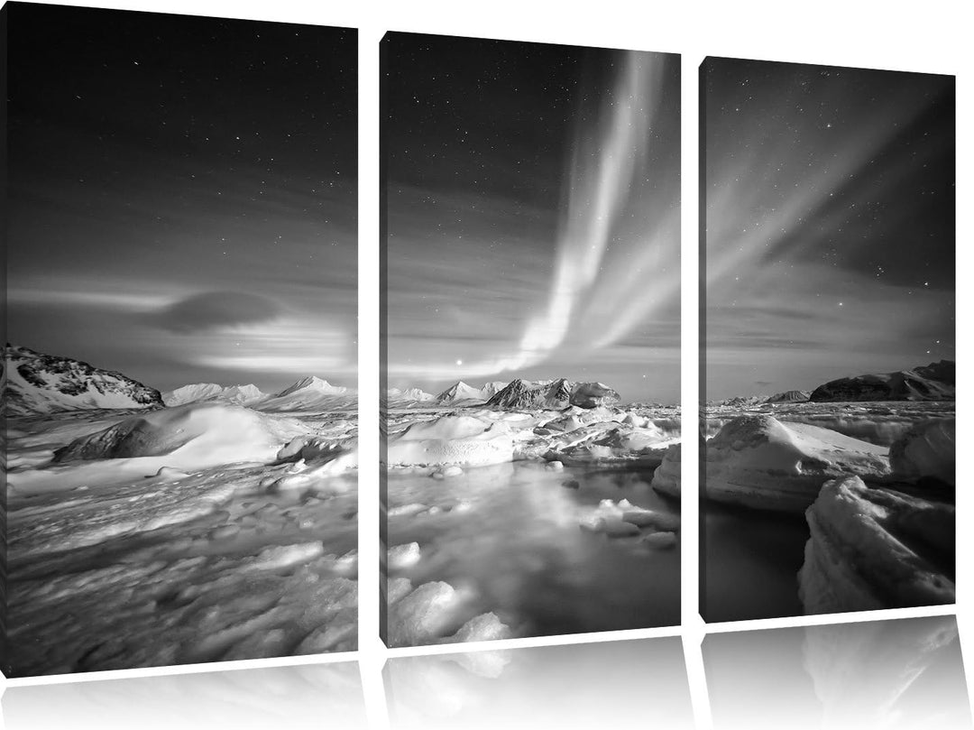 Pixxprint gewaltiges Polarlicht Kunst B&W / 3-Teilig/Gesamtmass 120cm Leinwandbild bespannt auf Holz