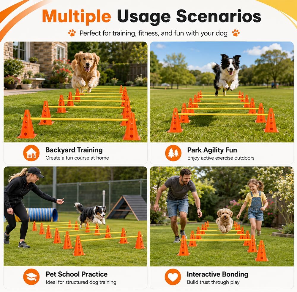 Steckhürdenset, Agility Set Hunde mit 12 Kegel(23cm) + 6 Stangen(1 m), Cavaletti Hund für Koordinati