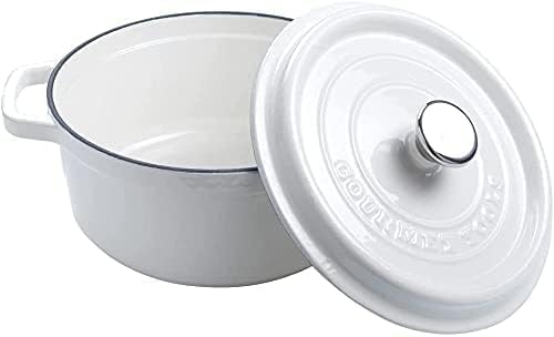 Runder Kochtopf aus Gusseisen mit glasierter Keramikbeschichtung, Cocotte mit Deckel. Gourmet Tools