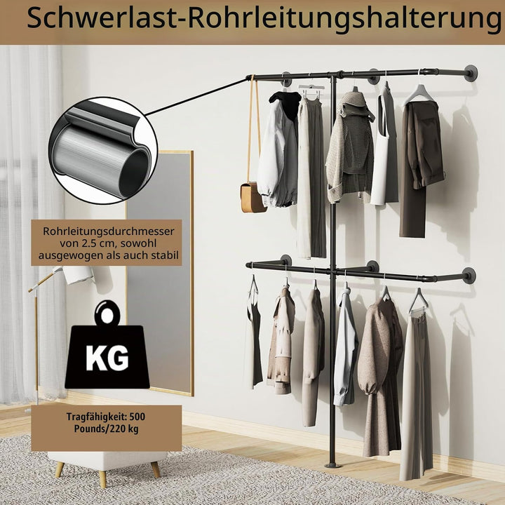 Kleiderstange Wandmontage 200 kg Traglast - Offener Kleiderschrank oder Kleiderständer industrial go